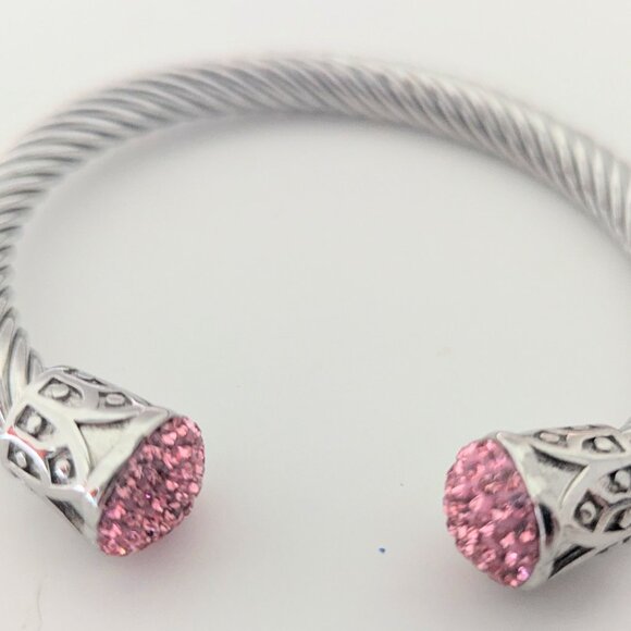Vintage DSMK-- Stainless Steel Silver twist cuff bracelet w/ Pink Crystals! - Picture 1 of 3